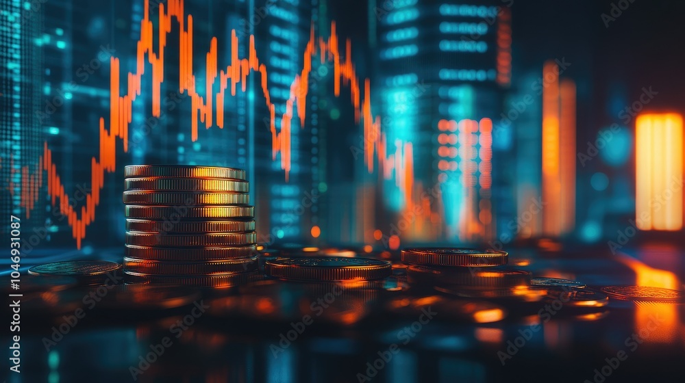 Poster a stack of coins with a fluctuating stock market chart in the background, symbolizing oil prices and