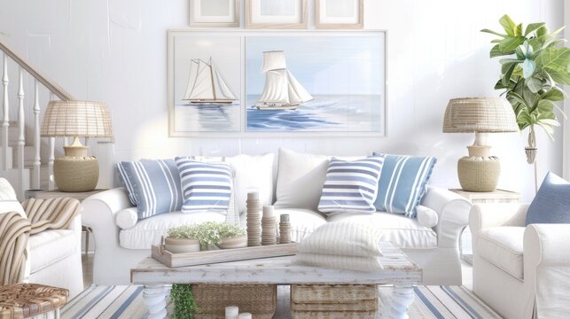 A cozy and inviting coastal cottage-inspired living room design featuring a white canvas backdrop, Adorned with nautical decor and comfortable furnishings, Coastal cottage chic style
