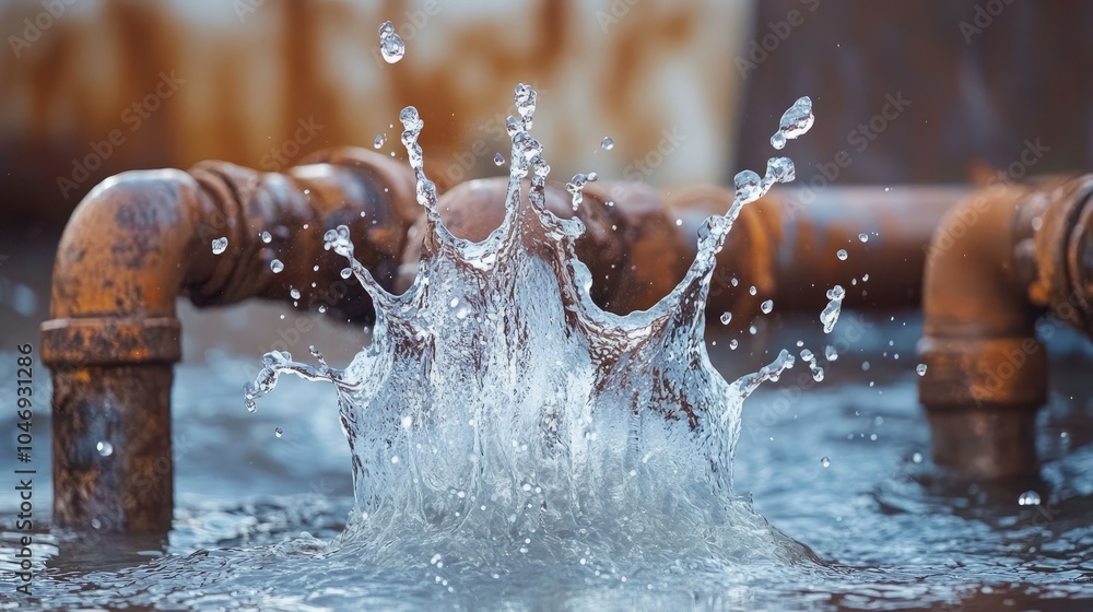 Poster a water splash shaped like an exclamation mark with rusty pipes, symbolizing leaks or plumbing probl