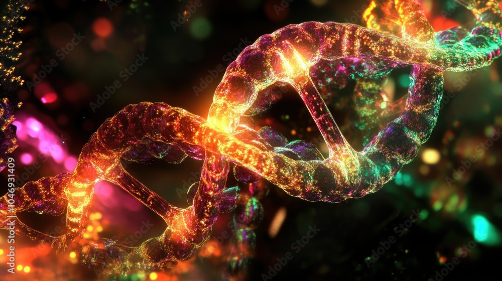 Aufkleber Abstract visualization of glowing DNA sequences with digital elements, representing advanced genome editing technology.