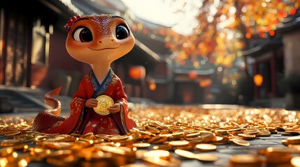 Traditional Chinese Year of the Snake gold coin little snake illustration poster background