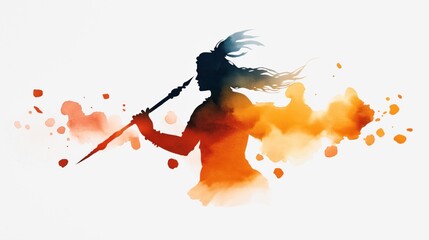 Naklejka premium Silhouette of a warrior with long flowing hair holding a spear, surrounded by abstract orange watercolor splashes.