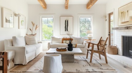 A cozy and inviting living room design featuring a white canvas backdrop, Minimalist furniture arranged for comfort, Minimalist country chic style