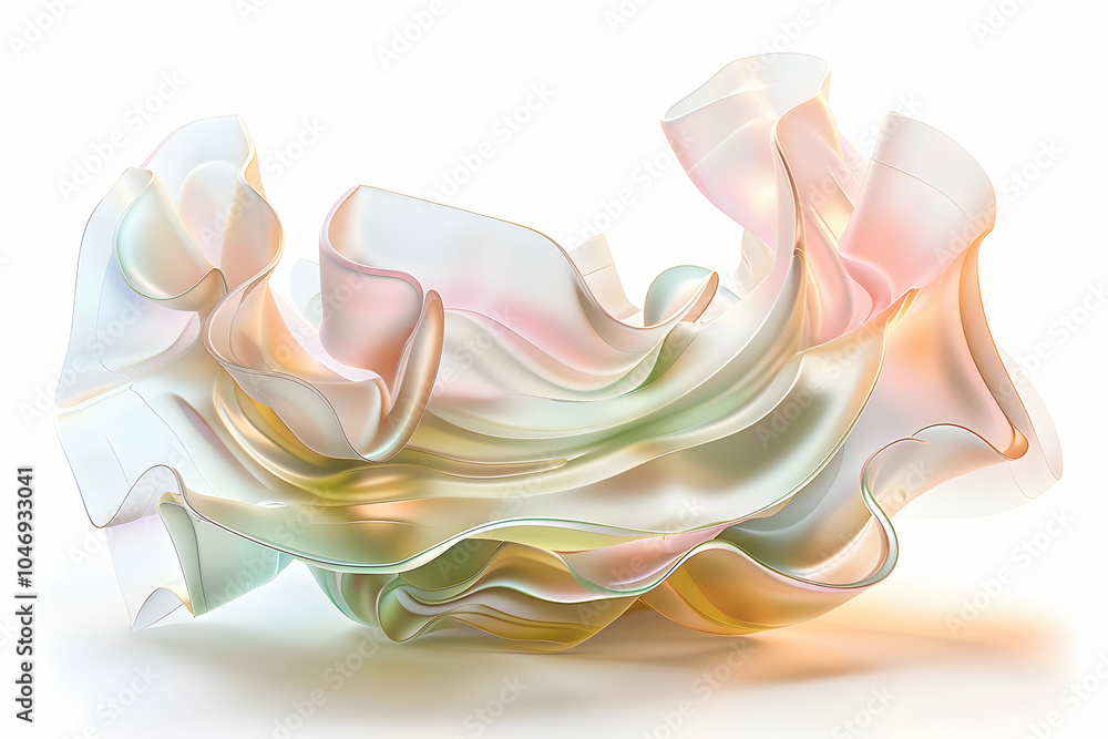 Poster abstract 3d rendering of a flowing, iridescent, and colorful shape on a white background.