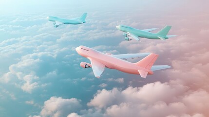 Naklejka premium Flat design cargo planes in pastel 3D render, import-export logistics, visualizing air freight transportation