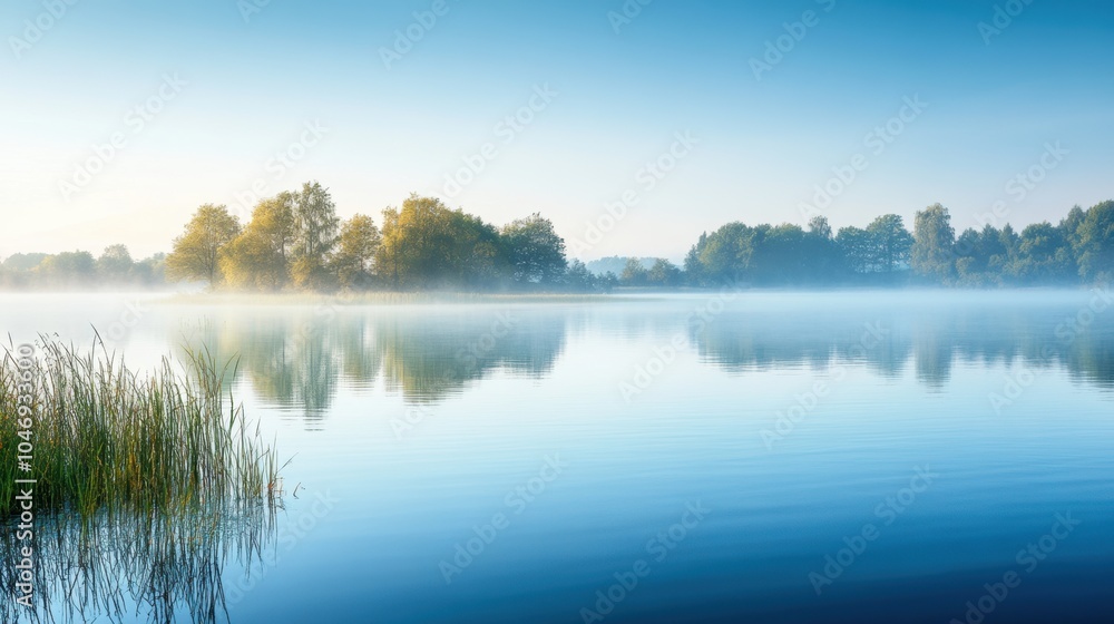Aufkleber the calm lake, shrouded in mist, mirrors the surrounding trees as dawn breaks, creating a peaceful a