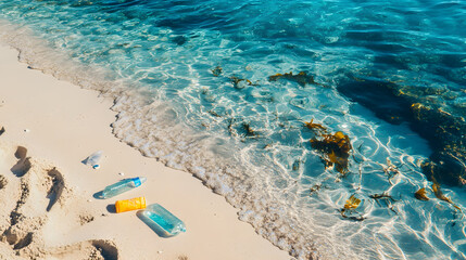 Plastic waste on a beautiful beach shoreline at noon, highlighting environmental concerns and ocean pollution