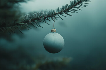 A serene holiday ornament gently swaying on a pine branch amidst misty winter ambiance. Generative AI