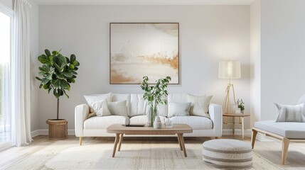 Fototapeta premium A cozy and inviting living room design with a white canvas backdrop, Carefully curated minimal furniture, Scandinavian minimalist style