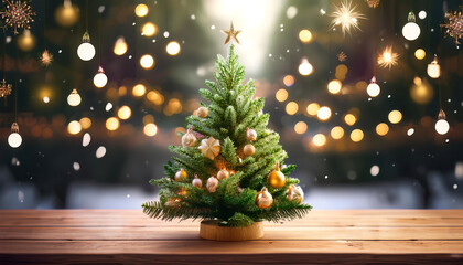 A Christmas tree stands on a wooden table in the winter season surrounded by festive de_1(48)