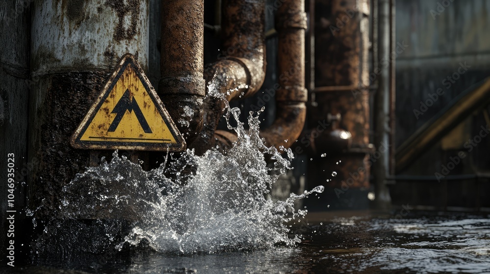 Poster water splashing out of a pipe, forming a warning sign, with rusted pipes in the background.