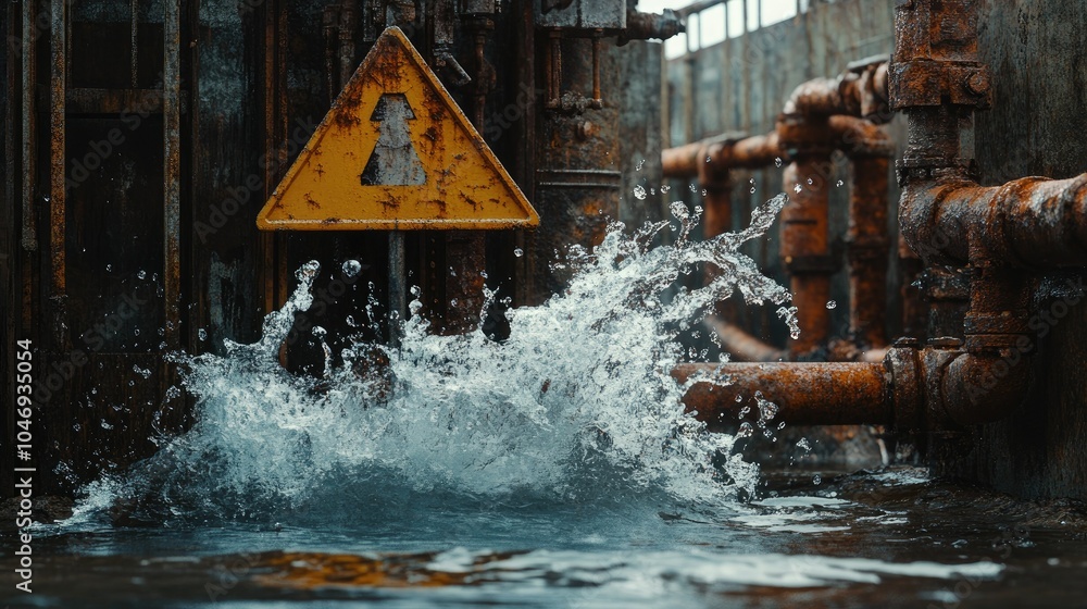 Poster water splashing out of a pipe, forming a warning sign, with rusted pipes in the background.