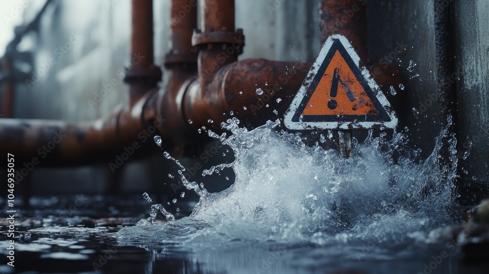 Poster water splashing out of a pipe, forming a warning sign, with rusted pipes in the background.