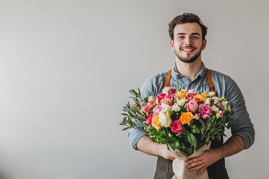 Smiling man holding colorful bouquet, joy, freshness