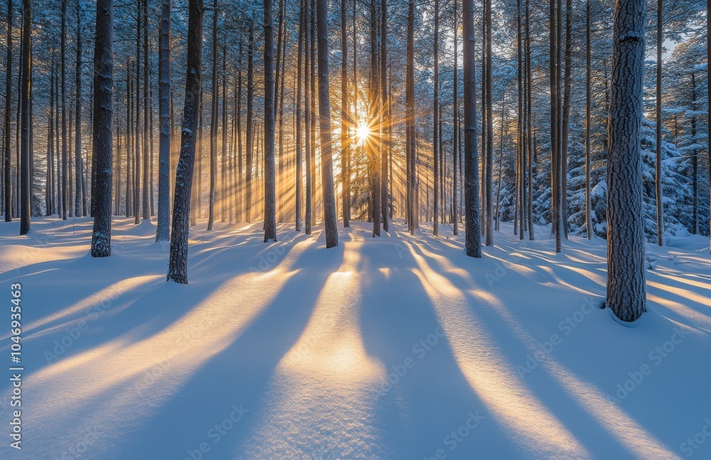 Poster beautiful winter forest landscape with pine trees covered in snow and rays of sunlight shining throu