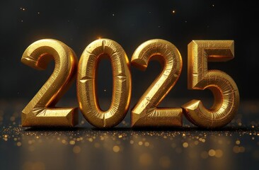 2025 in the form of golden balloons on a black background