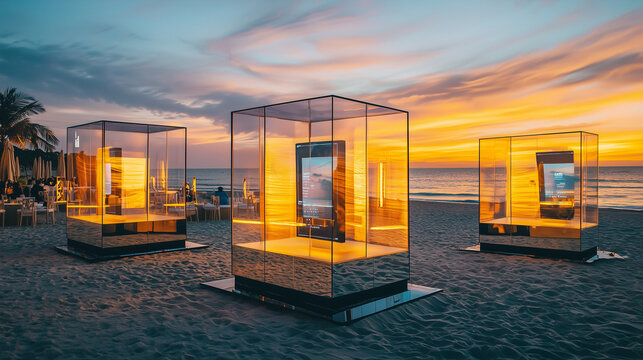 Modern beachside event setup featuring a sleek glass and metal display booth with interactive digital screens, minimalist stage for live streaming, and elegant seating areas, blending technology