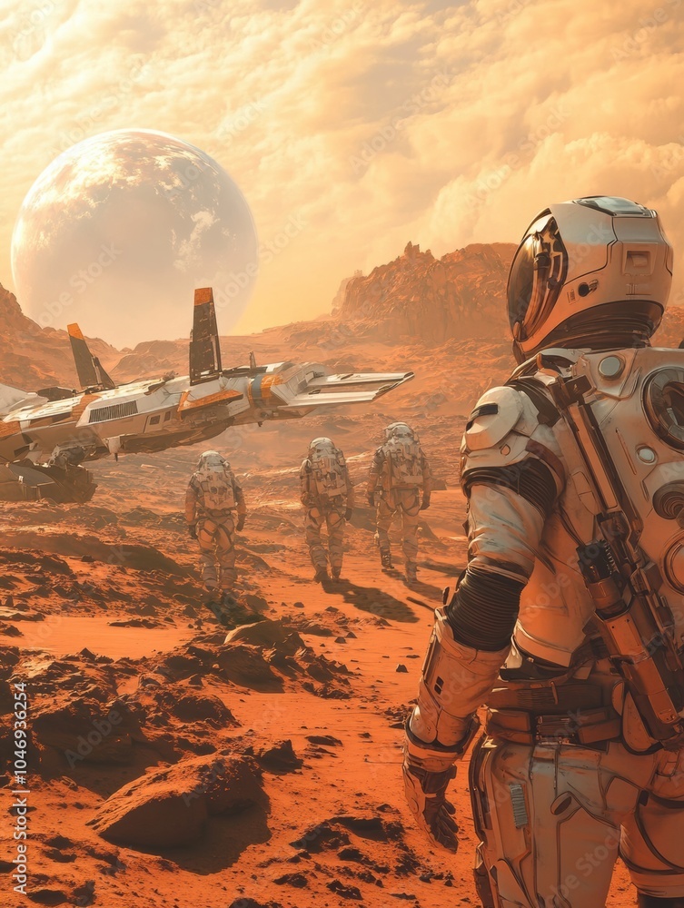 Poster A group of astronauts walks on the reddish surface of Mars, with spacecraft nearby and a large planet visible in the sky. Generative AI