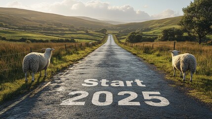 A peaceful countryside road with "Start 2025" in large letters, surrounded by rolling hills and grazing sheep, representing tranquility and simplicity, 3D illustration
