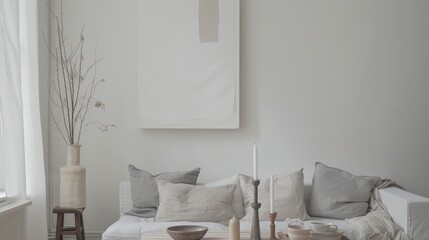 A cozy and inviting living space adorned with a white canvas backdrop, Sparse yet tastefully arranged minimalist furnishings, Scandinavian hygge style
