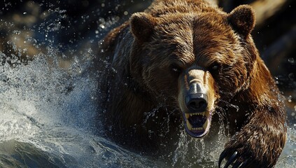 Fototapeta premium A brown bear charging at the camera, its sharp teeth and powerful claws visible as it