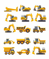 A collection of 15 cartoon illustrations depicting various yellow construction vehicles, including excavators, dump trucks, bulldozers and loaders.