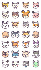 A set of 28 cute cartoon animal faces in a simple, minimalist style.