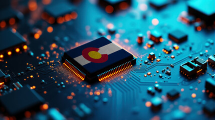 A Colorado themed chip is placed on a detailed circuit board, with glowing connections that emphasize influence in electronics, computing, and tech innovation.