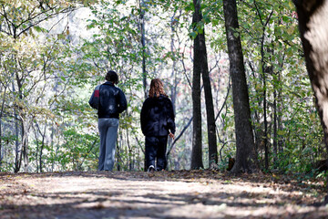 Obraz premium Deux jeunes filles marchant dans la forêt d'automne. Vue arrière. Amitié.