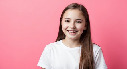 Fototapeta premium caucasian teen girl pink background wearing plain white tshirt smiling happy portrait