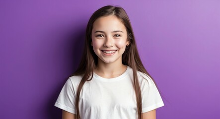 Fototapeta premium caucasian teen girl purple background wearing plain white tshirt smiling happy portrait
