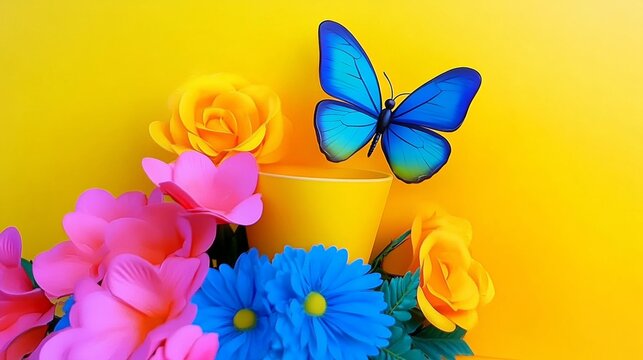 Black butterfly is on a yellow background with pink flowers. The butterfly is surrounded by orange flowers. vivid pop Surrealism baterfly and flowers fulcolors