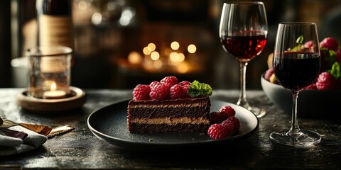 a plate of cake and a glass of wine
