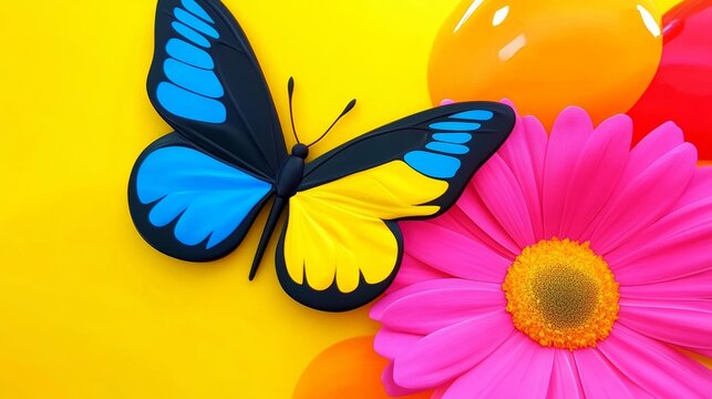 Black butterfly is on a yellow background with pink flowers. The butterfly is surrounded by orange flowers. vivid pop Surrealism baterfly and flowers fulcolors