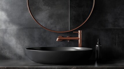Black sink antique copper faucet gray wall mirror bathroom interior detail, AI generated image