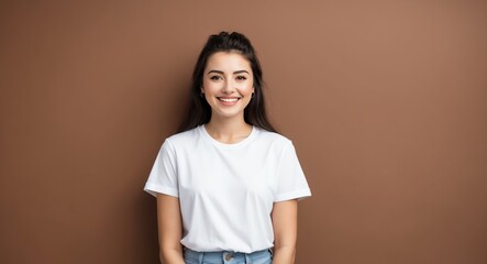 Obraz premium caucasian young woman brown background wearing plain white tshirt smiling happy portrait