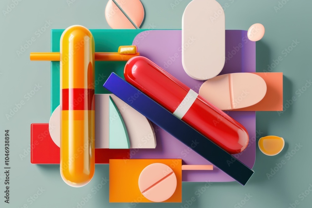 Poster colorful abstract composition with capsules and geometric shapes on a pastel background showcasing m