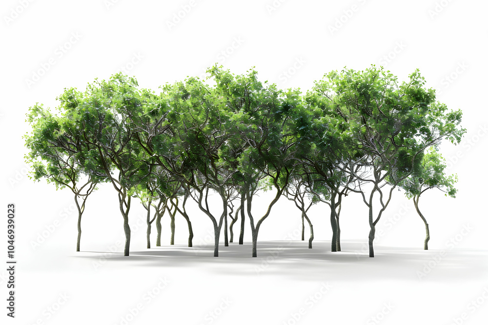 Poster a group of trees with green leaves and twisted branches isolated on a white background.