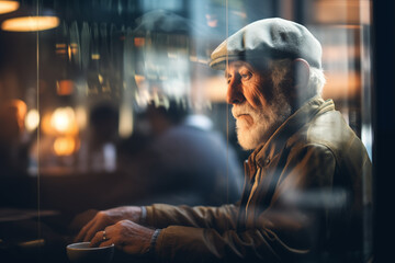 Fototapeta premium Senior Man with Grey Beard Sitting in Cafe Looking Away