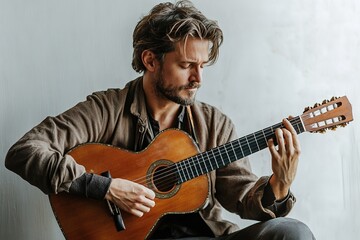 Obraz premium Focused guitarist playing acoustic guitar, emotions in music