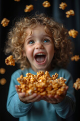 Naklejka premium A little girl holding a handful of popcorn in her hands