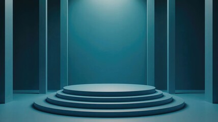 Fototapeta premium A circular platform in a dark blue room with pillars