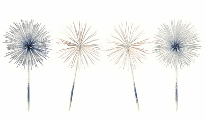 Obraz premium Four dandelion seeds with their fluff spread out, isolated on a white background.