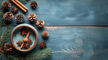 Rustic Table with Pine Cones and Spices
