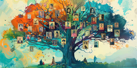 A colorful family tree, adorned with hand-painted images and whimsical details, bringing to life the vibrant stories and personalities of those who came before.