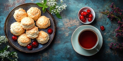 a plate of scatos with a cup of tea and flowers