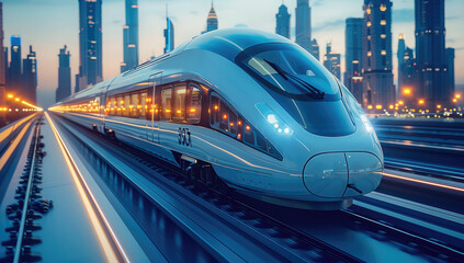 A futuristic train with blue, on the background is an urban city with modern buildings and energy towers with gas bottles.