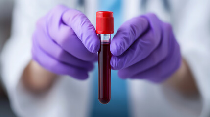 Close-up of a healthcare professional's hands holding a blood sample in a test tube, demonstrating medical examination and laboratory procedures.
