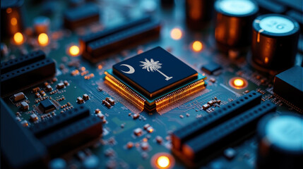 A microprocessor featuring South Carolina flag is installed on a circuit board, illuminated by glowing lights, representing role in global tech and semiconductor industries