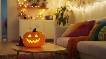 A cheerful carved pumpkin glows on a coffee table in a cozy living room adorned with colorful cushions and Halloween decor.